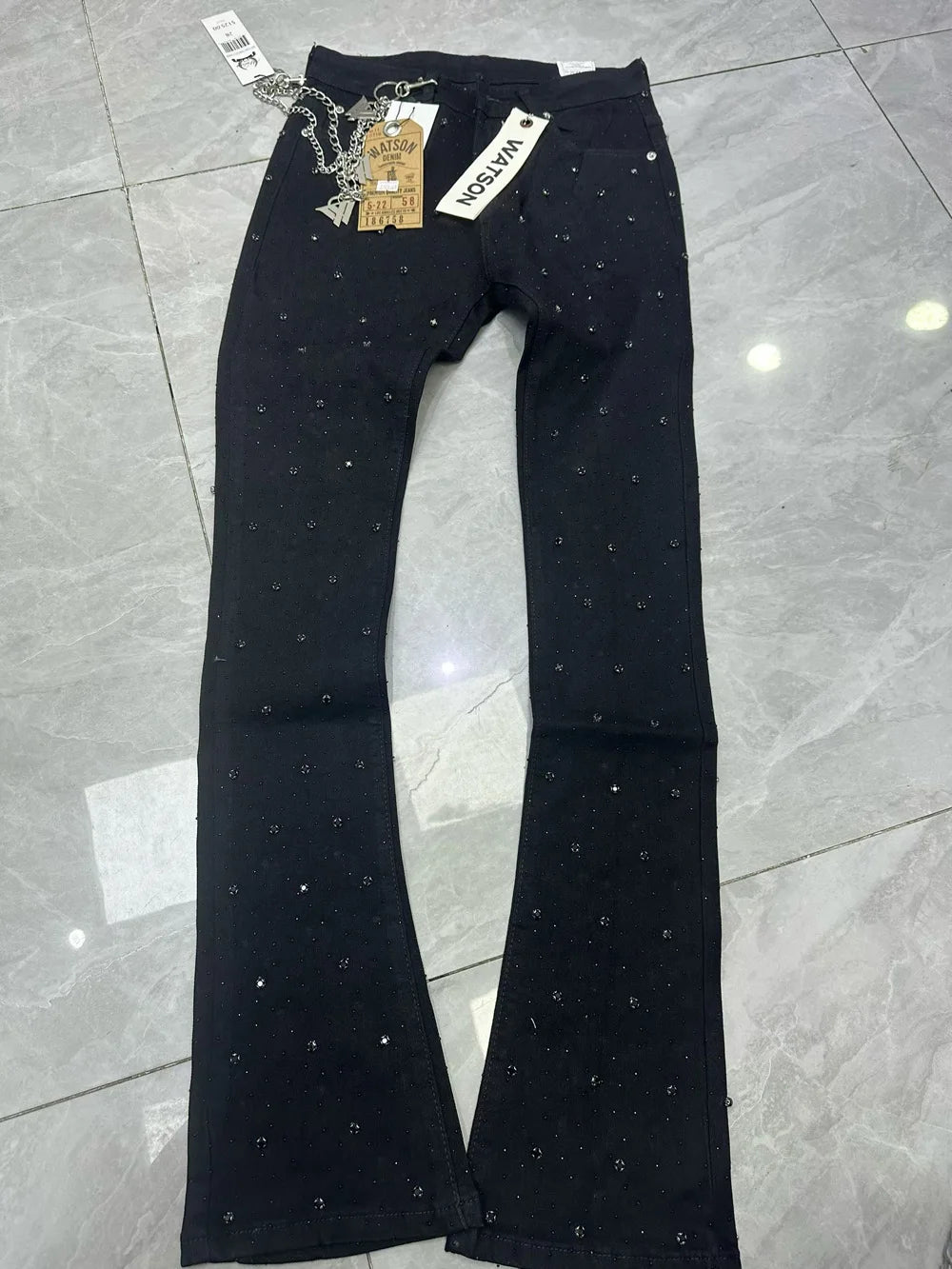 2026 Rhinestone Men's High Street quality Slim Fit Skinny long Denim Flared Jeans Pants
