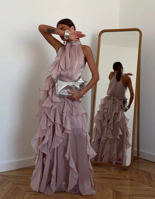 Load image into Gallery viewer, Women's Sleeveless Halter Neck Ruffle Maxi Dress Elegant Chiffon Tiered Waist Cinching Ankle-Length Solid Color Party Dress
