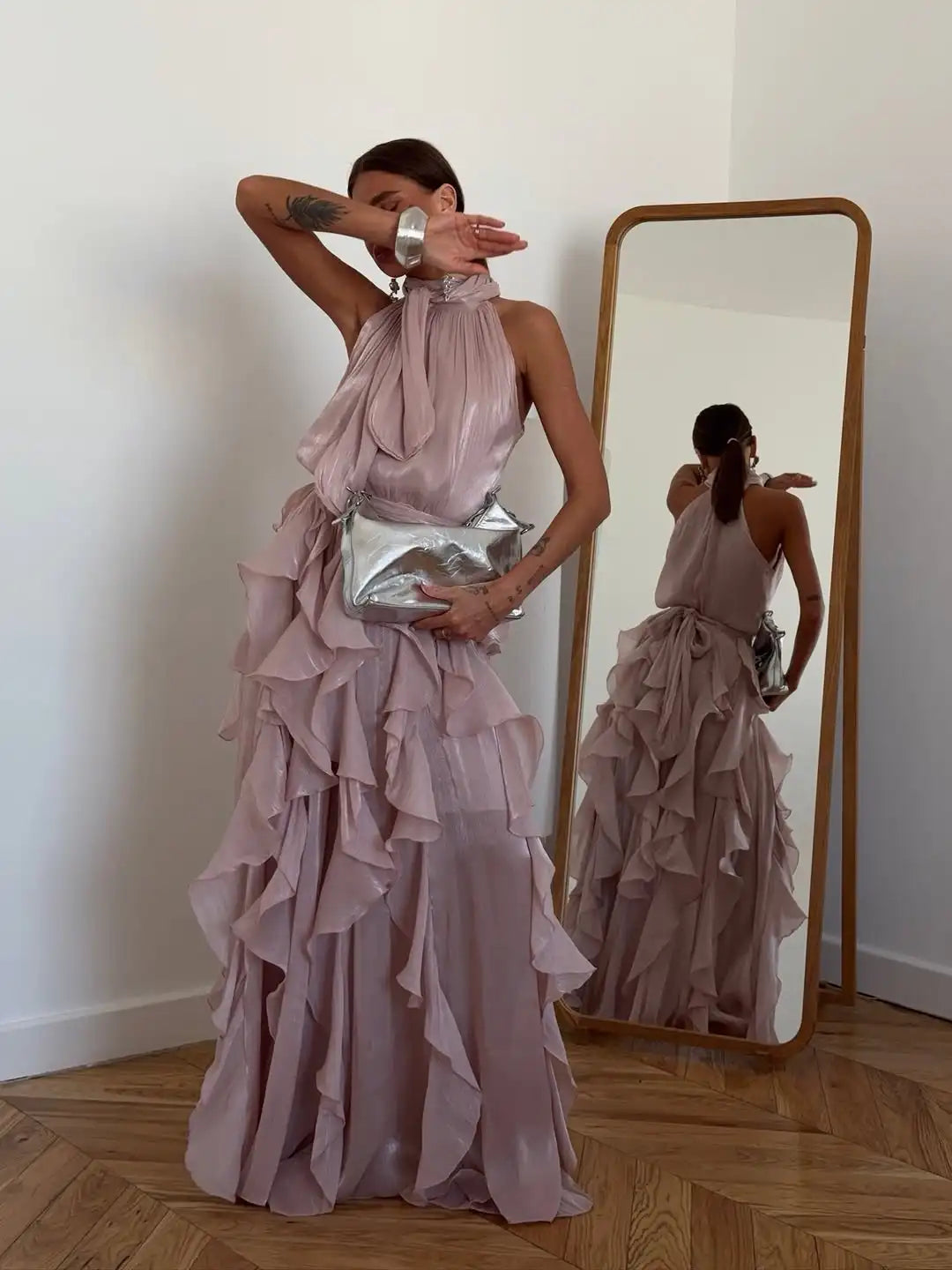 Women's Sleeveless Halter Neck Ruffle Maxi Dress Elegant Chiffon Tiered Waist Cinching Ankle-Length Solid Color Party Dress