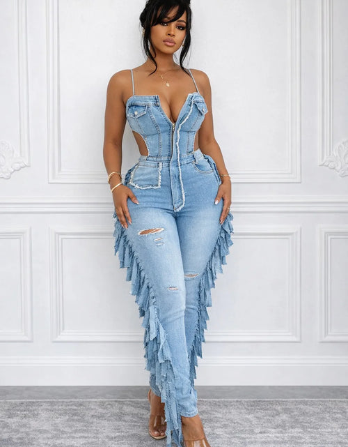 Load image into Gallery viewer, Women's Hollow Out Tassel Jeans Jumpsuit with Spaghetti Strap
