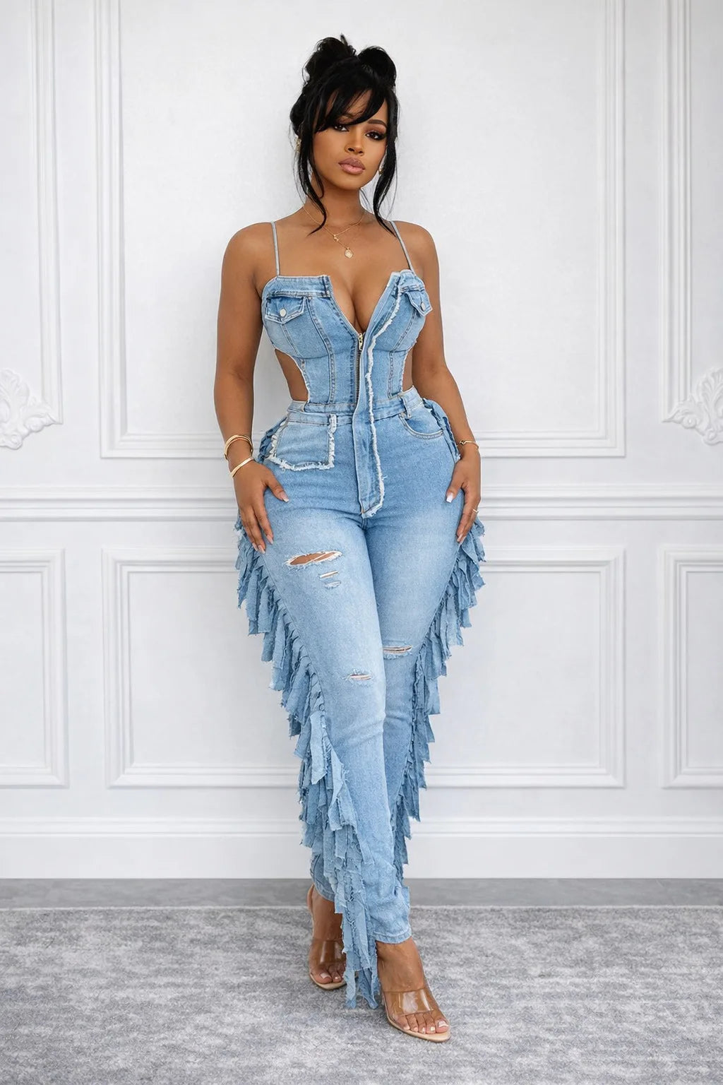 Women's Hollow Out Tassel Jeans Jumpsuit with Spaghetti Strap