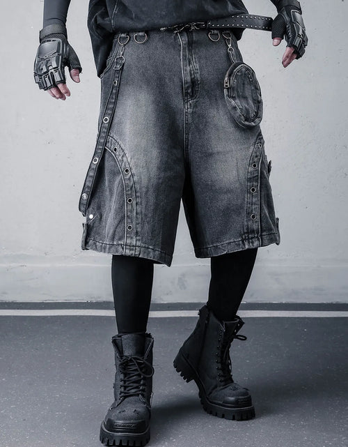 Load image into Gallery viewer, 2026 Summer Washed Vintage Punk Jean Shorts With Small Pouch Style Metal Eyelets Spliced Denim Shorts
