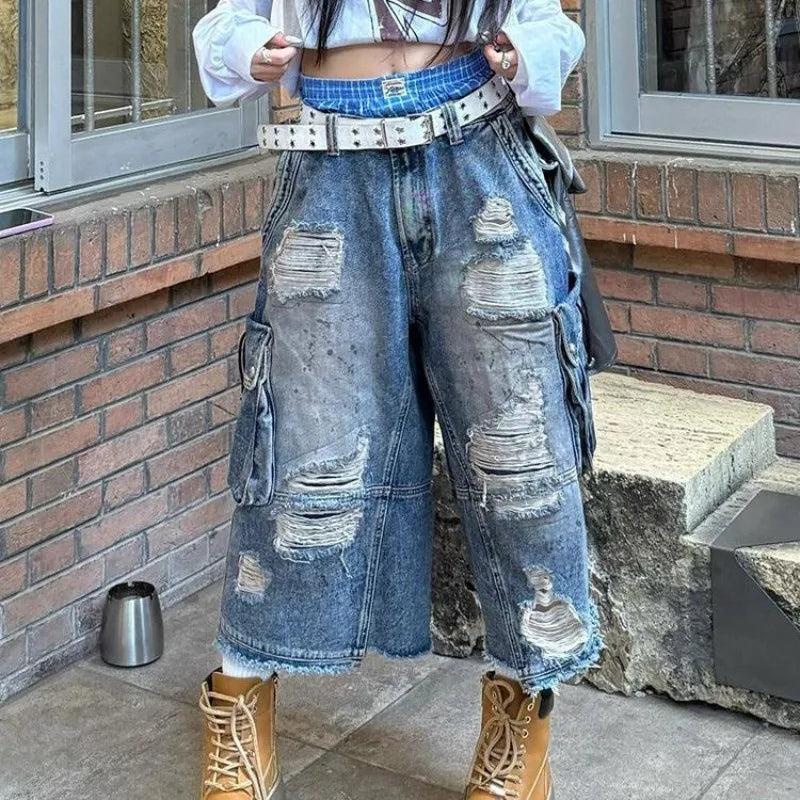Women's Vintage Old Baggy Denim Shorts Distressed Denim Cropped Pants