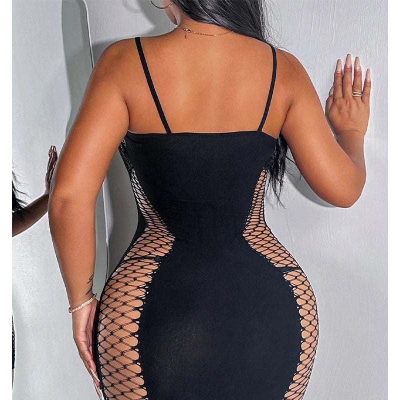 1PC Women Sexy Fishnet Hollow Out Bodycon Dress See Through