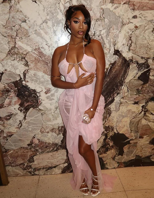 Load image into Gallery viewer, Sexy Backless Irregular Design Mesh See Through Beach Dress Women Halter Chain Deep V Scrunch Style
