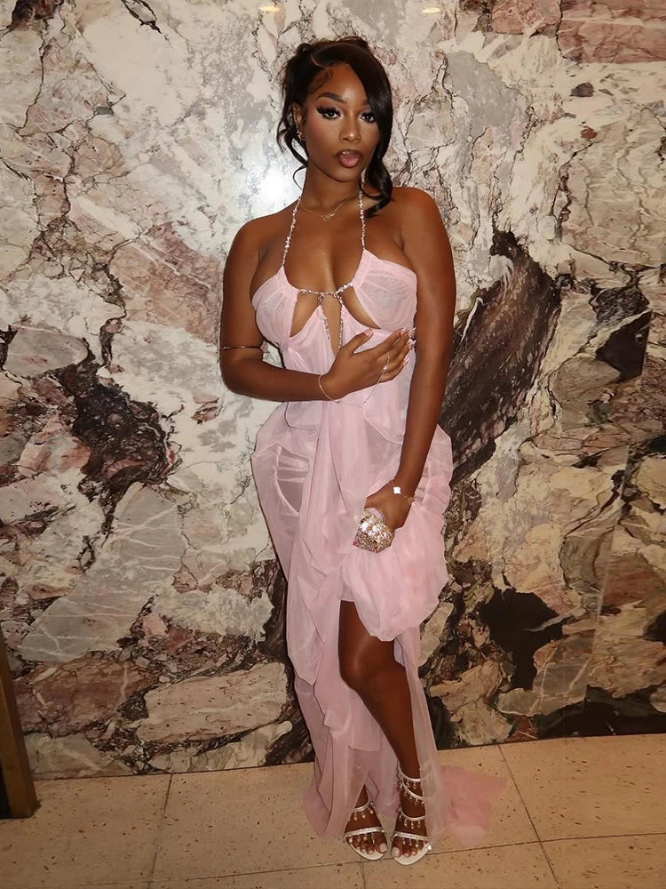 Sexy Backless Irregular Design Mesh See Through Beach Dress Women Halter Chain Deep V Scrunch Style