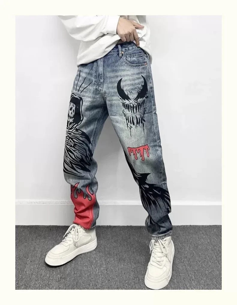 Men's Retro American Street Hip Hop Flame Skull Print Jeans