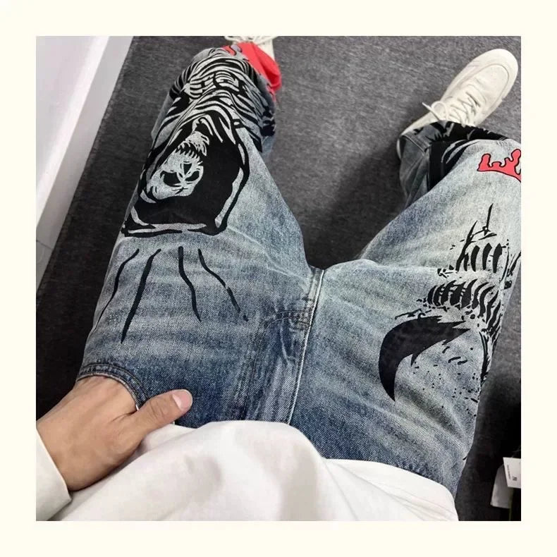 Men's Retro American Street Hip Hop Flame Skull Print Jeans
