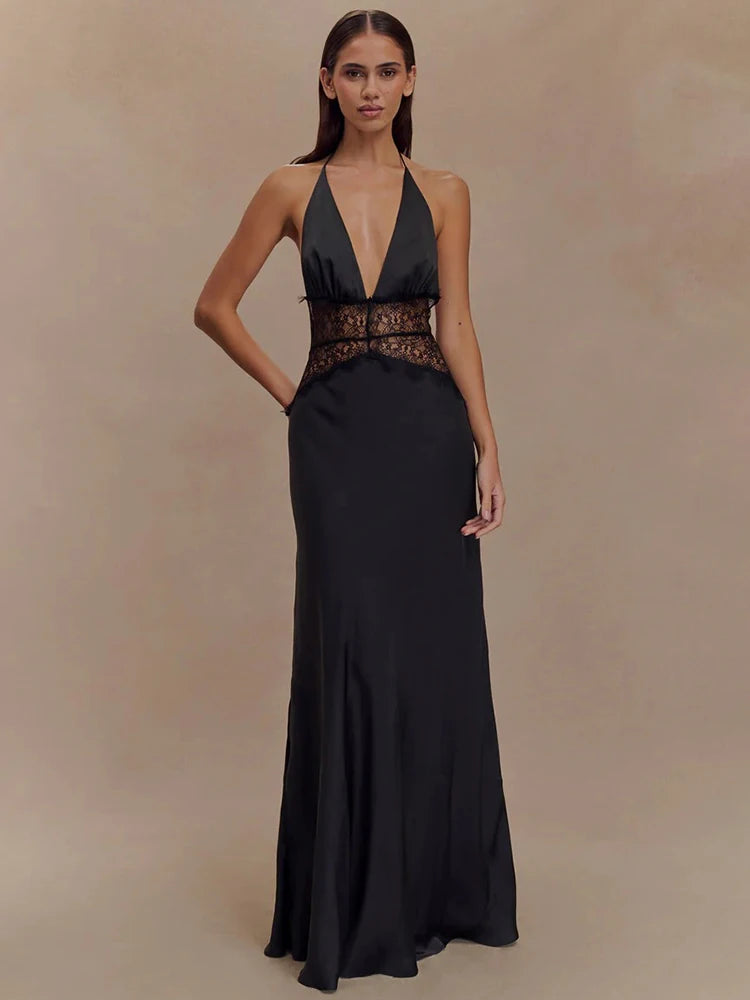 Summer Sexy Maxi Dress Women's Backless Lace Halter Deep V Neck Sleeveless High Waist Elegant Long Gown Floor-Length Polyester