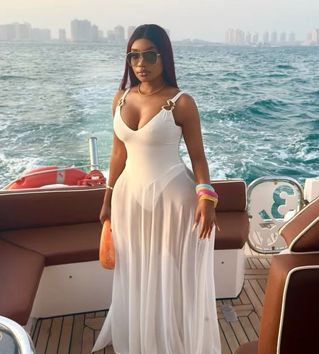 Solid Holiday Sexy Mesh See Through A-line Bodysuit Tank Long Maxi Dress