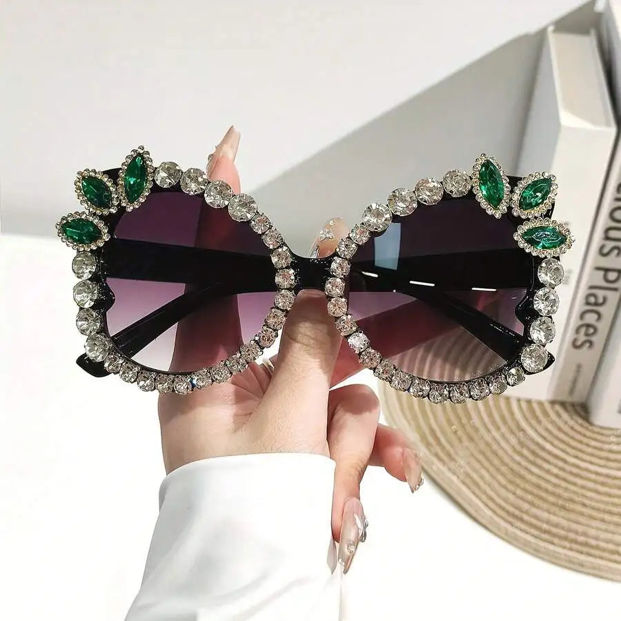 Womens Extra Large Rhinestone Floral Party Sunglasses Gradient Pink Purple Lens