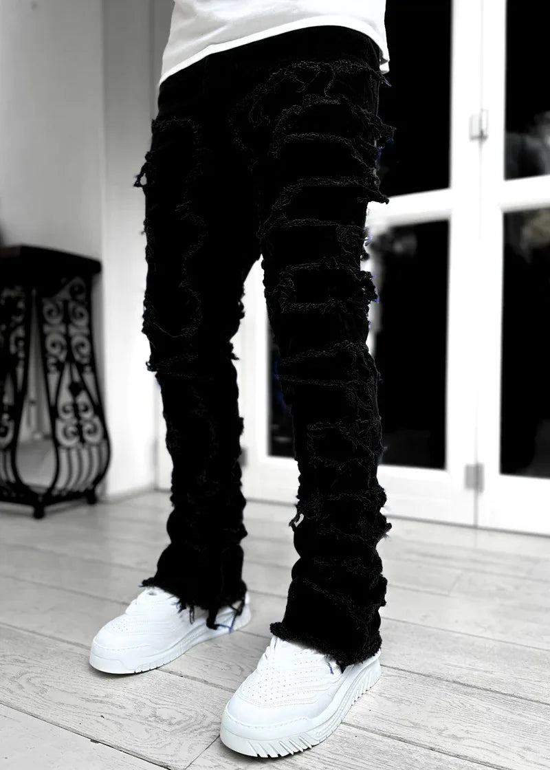 Men's Regular Fit Stacked Jeans Ripped Slim Fit Distressed Destroyed Straight Denim Pants Hip Hop Streetwear