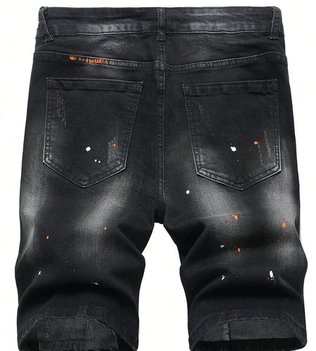 Men's Summer Ripped Denim Shorts Straight Stretch Casual Thin Knee-Length Trousers Fashion Brand Daily Wear Zip Fly Cotton Blend