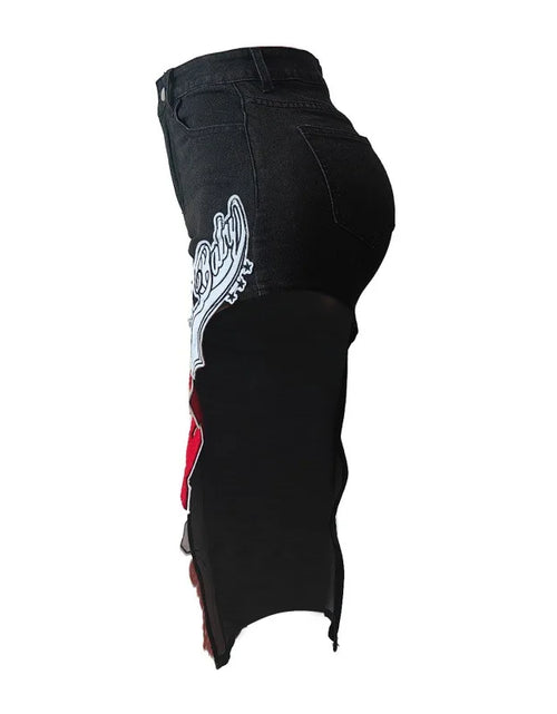 Load image into Gallery viewer, Women's Letter Embroidery Asymmetrical Denim Skirt Vintage Button Fly High Waist Stretch Jeans Calf-length
