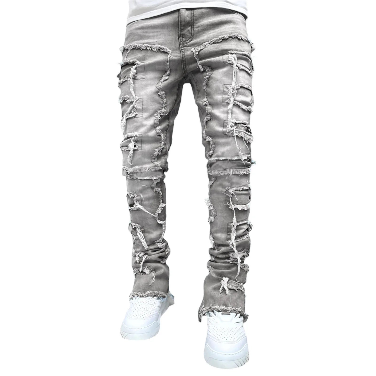Men's Regular Fit Stacked Jeans Ripped Slim Fit Distressed Destroyed Straight Denim Pants Hip Hop Streetwear