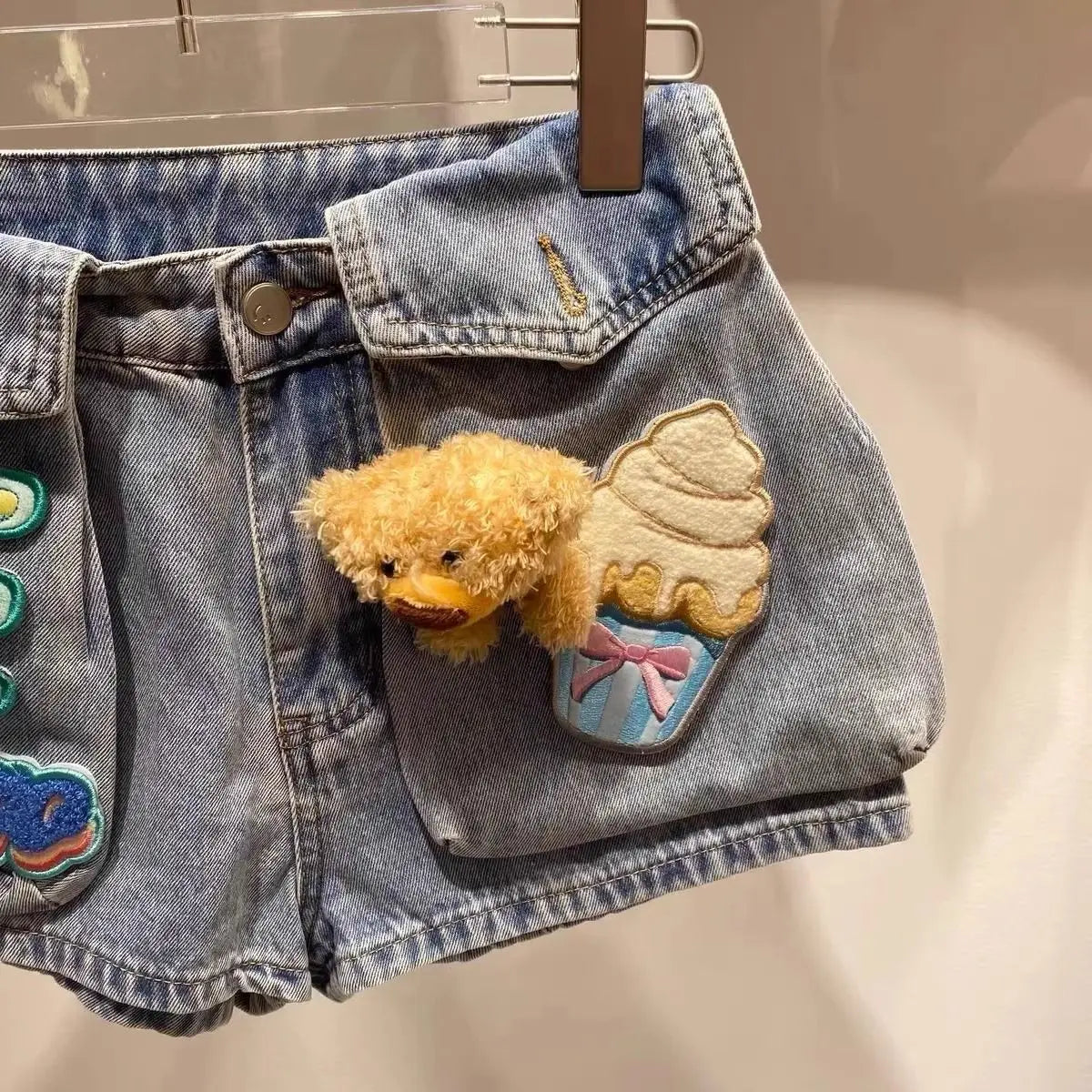 Women Denim Shorts With Bear Velcro Design