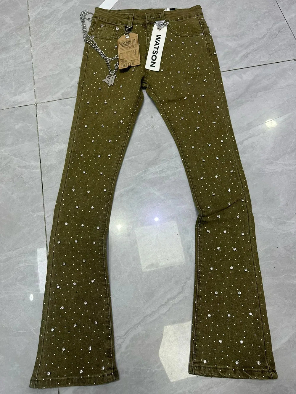 2026 Rhinestone Men's High Street quality Slim Fit Skinny long Denim Flared Jeans Pants