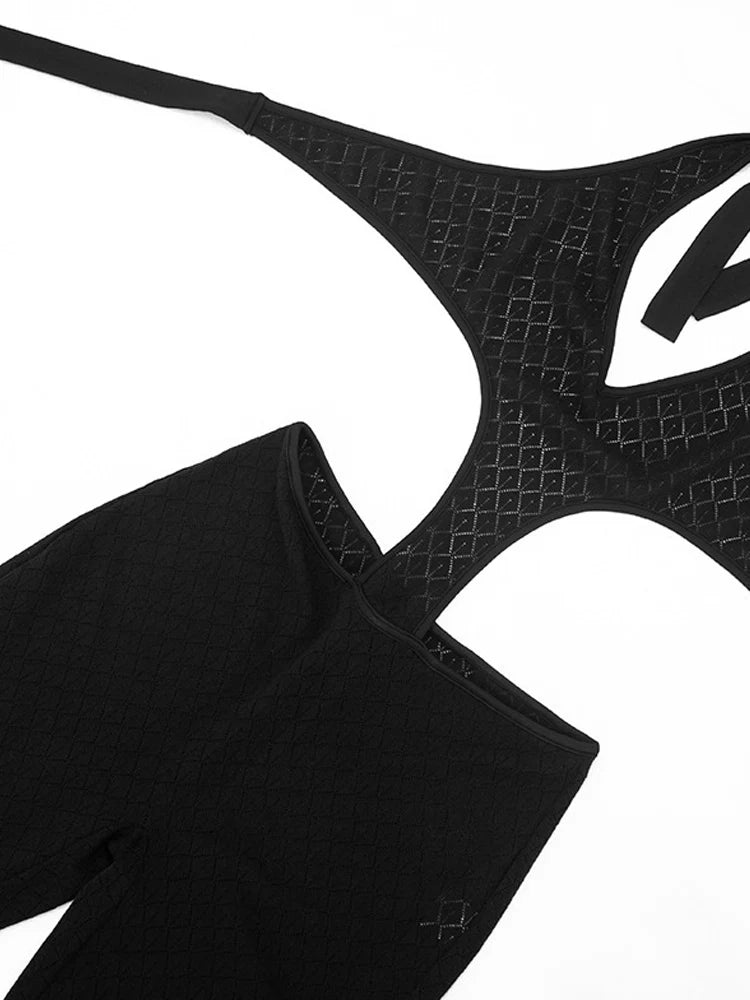 Women's Sexy Black Crochet Cut Out Jumpsuit Halter Backless See Through One Piece Romper High Waist
