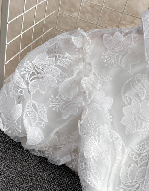 Load image into Gallery viewer, Women's Vintage Lace Gown Mini Dress Turn down Collar Puff Sleeve Single Breasted Elegant above Knee Elegant Office Lady Dress
