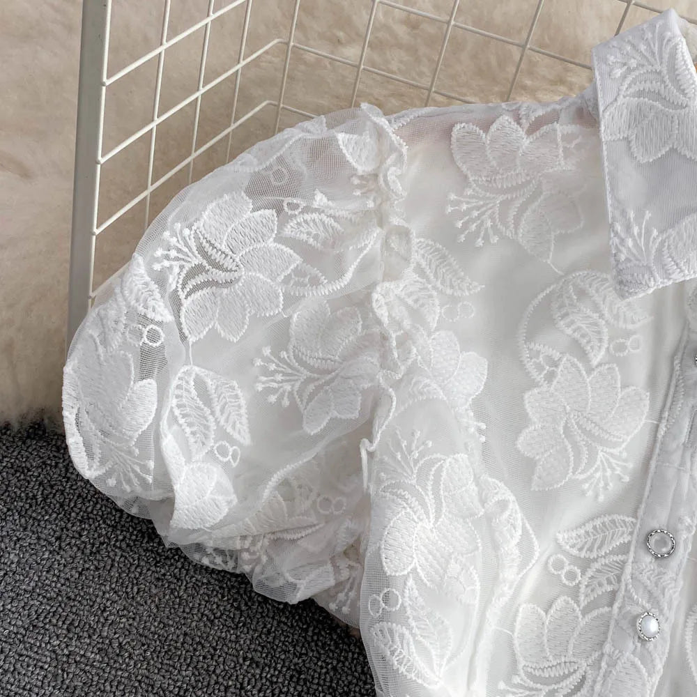 Women's Vintage Lace Gown Mini Dress Turn down Collar Puff Sleeve Single Breasted Elegant above Knee Elegant Office Lady Dress