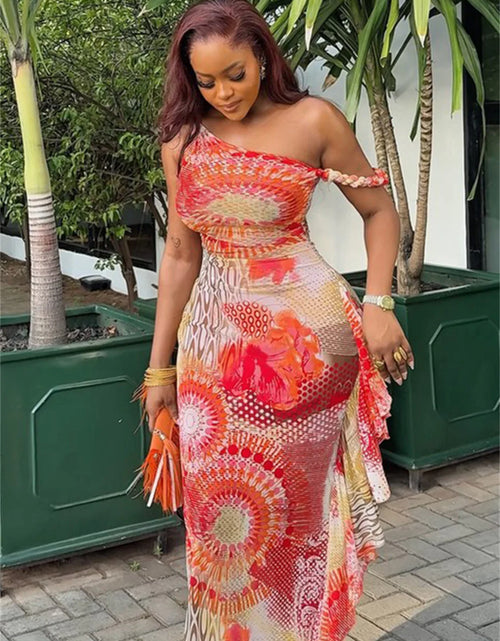 Load image into Gallery viewer, Women's Colorful Print Dress Sexy Trend See Through Rope Diagonal Collar Patchwork Stretch Design Bodycon Fit
