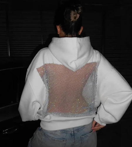 Streetwear Trendy Hoodie Women Fashion Solid Color See Through Backless Hooded Pullover Sweatshirt Female