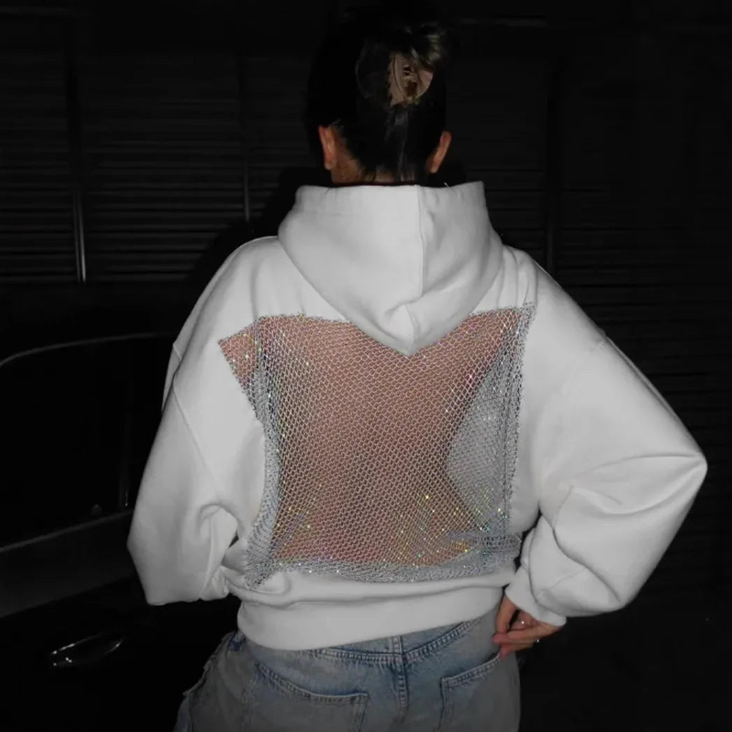 Streetwear Trendy Hoodie Women Fashion Solid Color See Through Backless Hooded Pullover Sweatshirt Female