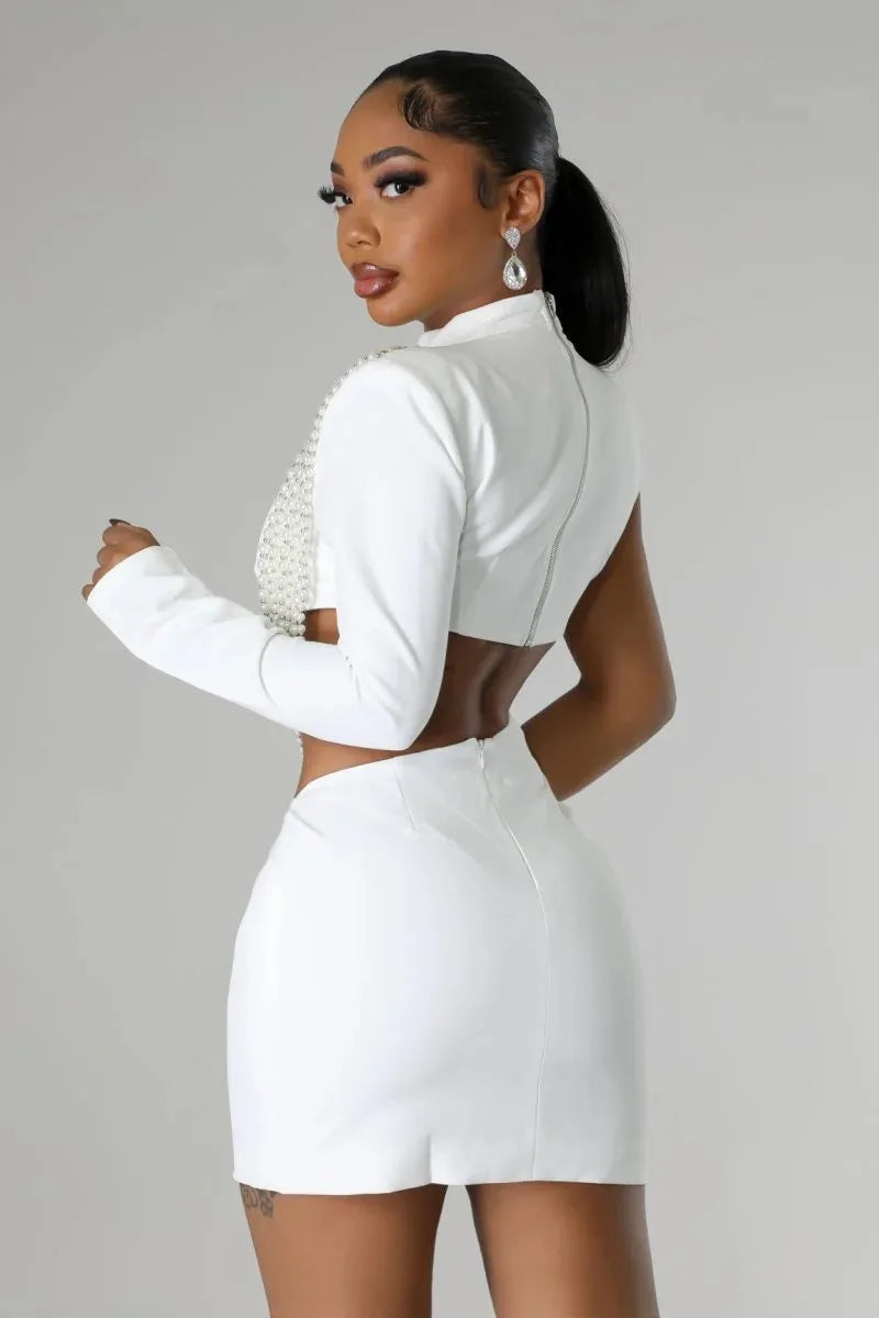 Women's Full Sleeve Elegant On One Side Pearl String Sexy Mini Dress