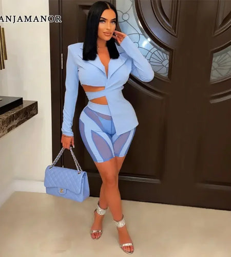 Two Piece Club Outfits Women Sexy Asymmetric Blazer and Mesh Shorts Leggings Matching Sets