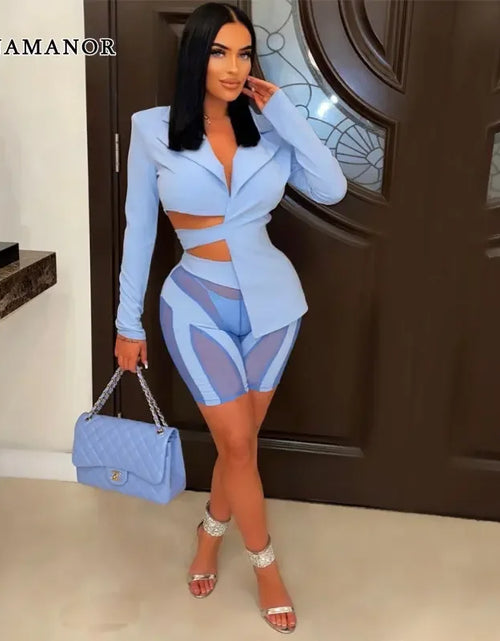 Load image into Gallery viewer, Two Piece Club Outfits Women Sexy Asymmetric Blazer and Mesh Shorts Leggings Matching Sets

