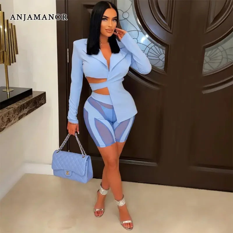 Two Piece Club Outfits Women Sexy Asymmetric Blazer and Mesh Shorts Leggings Matching Sets