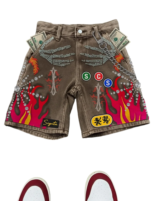 Load image into Gallery viewer, Embroidered Shorts Y2K Streetwear Men Hip Hop Baggy Denim Shorts
