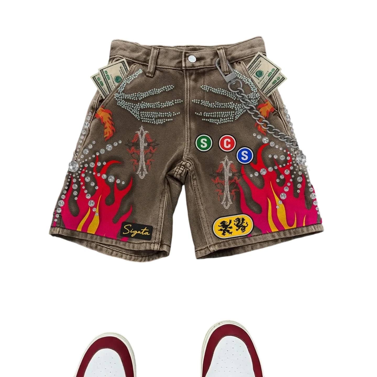 Embroidered Shorts Y2K Streetwear Men Hip Hop Baggy Denim Shorts