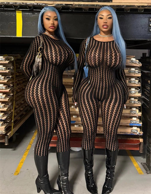 Load image into Gallery viewer, Woman's Hottie See Through Stripe Hollow Sexy Jumpsuit
