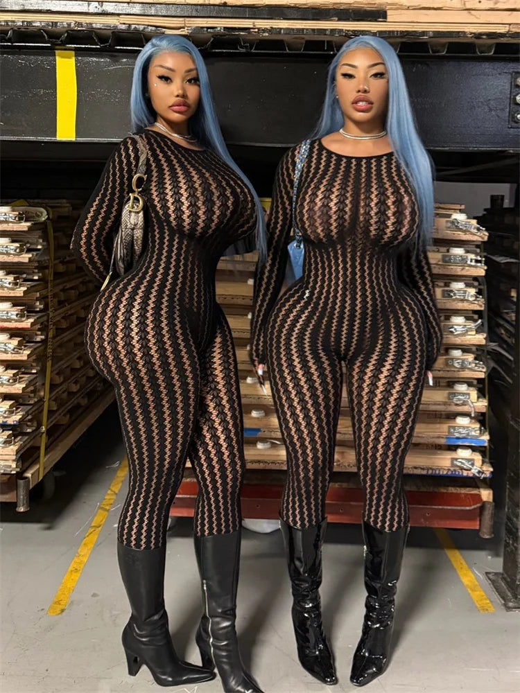 Woman's Hottie See Through Stripe Hollow Sexy Jumpsuit