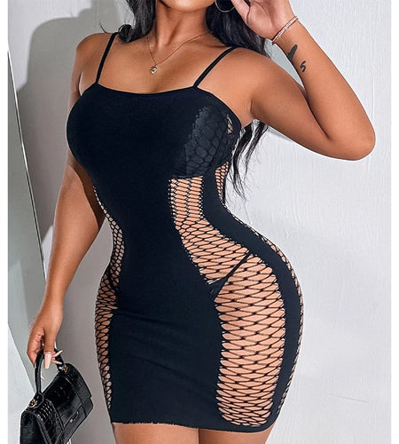 1PC Women Sexy Fishnet Hollow Out Bodycon Dress See Through