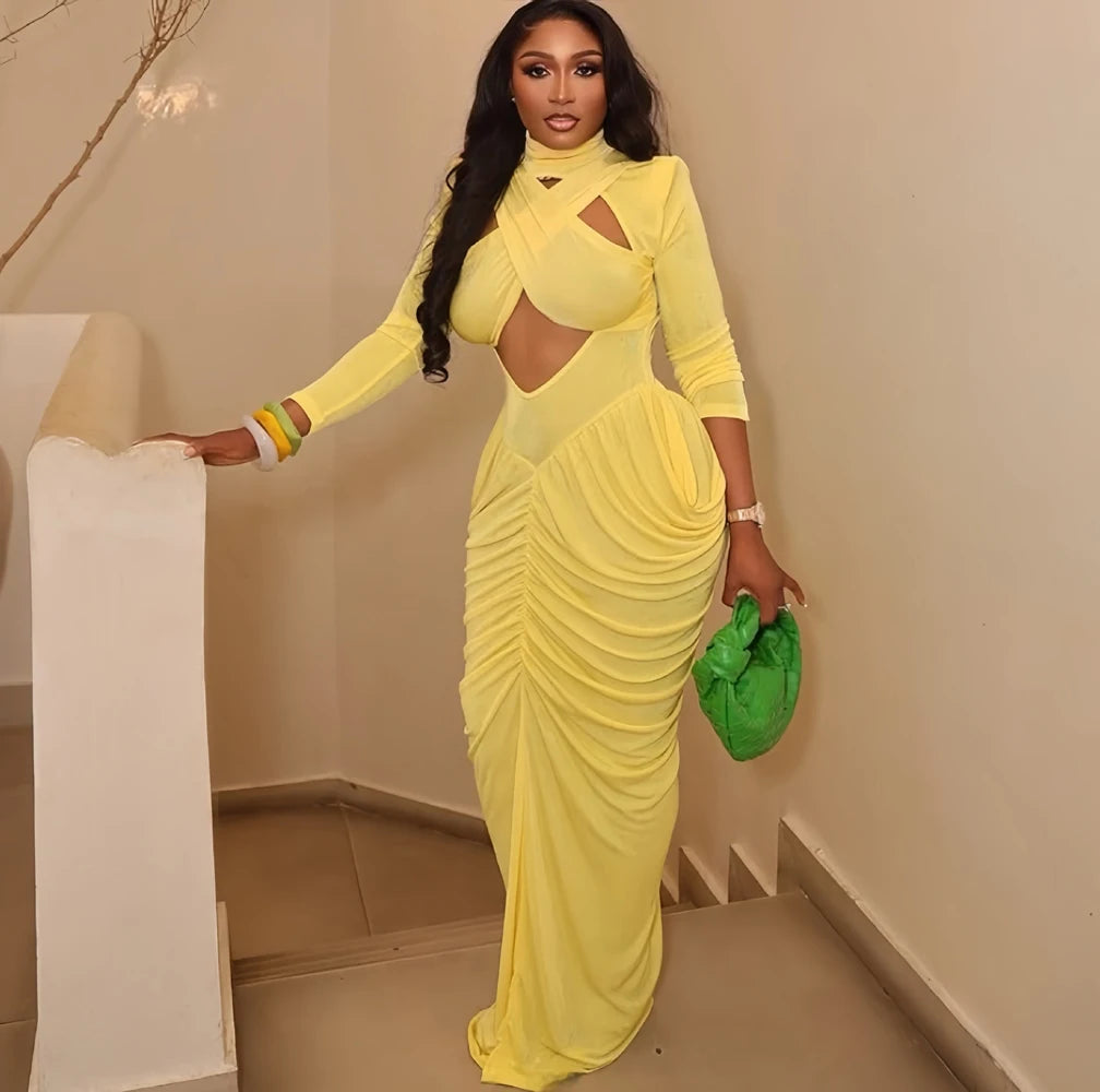 Women's High Neck Solid Full Sleeve Hollow Out Scrunch Maxi Dress New Arrivals 2026 Sexy  Long Dresses