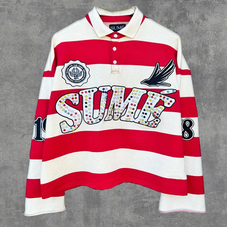 2 Pcs Shirts Sume Rugby Diamond Embroidery Stripe Polo Shirt Y2K Retro Classic Unisex Oversized Long Sleeved Shirt Short Sets