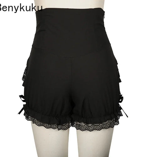 Lolita Style Vintage Lace Ruffles Shorts Plus Size Lace Up Black High Waist Shorts