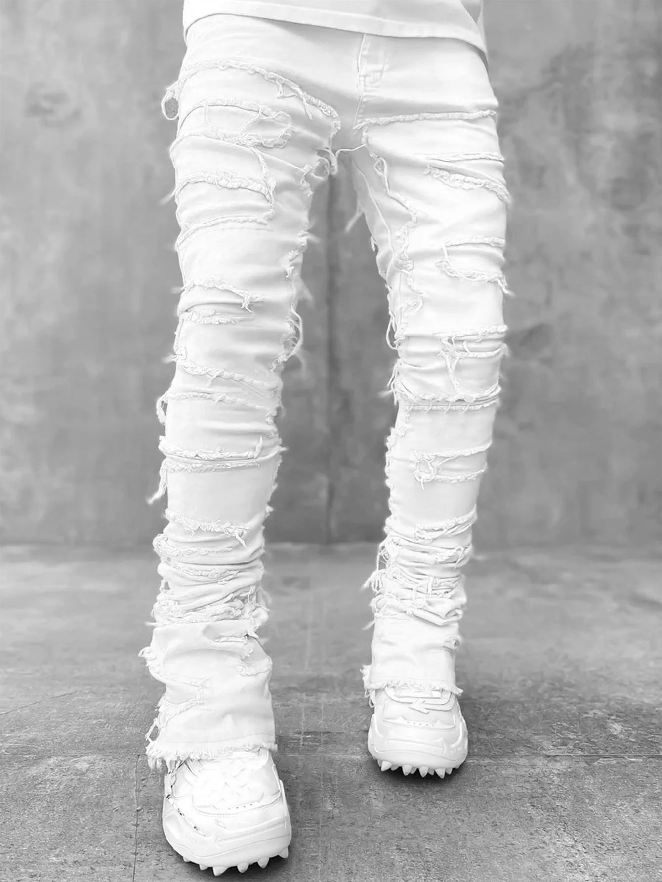 Men's Regular Fit Stacked Jeans Ripped Slim Fit Distressed Destroyed Straight Denim Pants Hip Hop Streetwear
