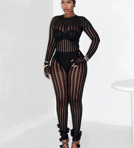 Woman's Hottie See Through Stripe Hollow Sexy Jumpsuit