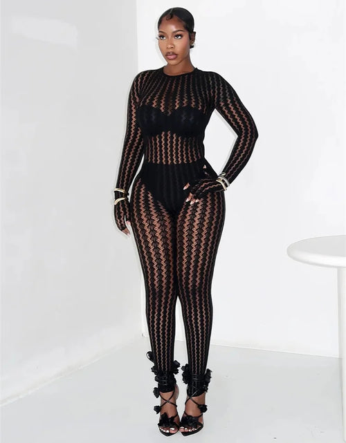 Load image into Gallery viewer, Woman's Hottie See Through Stripe Hollow Sexy Jumpsuit
