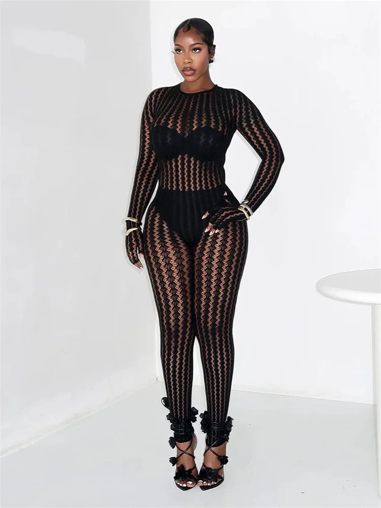 Woman's Hottie See Through Stripe Hollow Sexy Jumpsuit