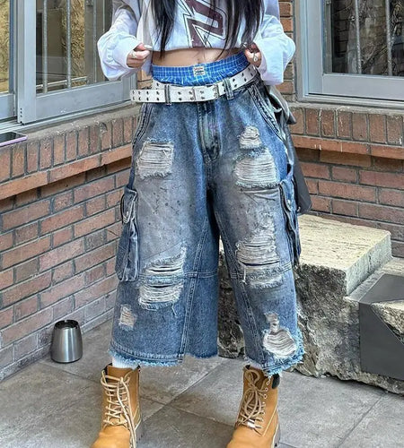 Women's Vintage Old Baggy Denim Shorts Distressed Denim Cropped Pants