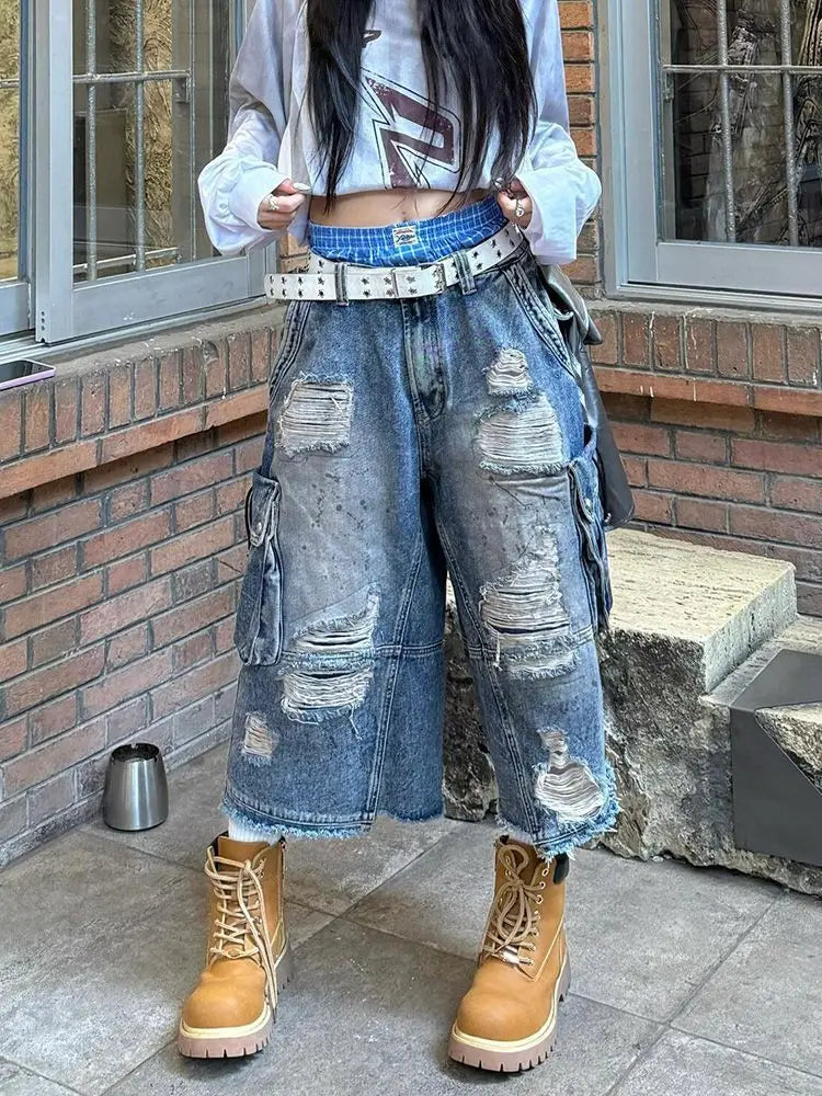 Women's Vintage Old Baggy Denim Shorts Distressed Denim Cropped Pants