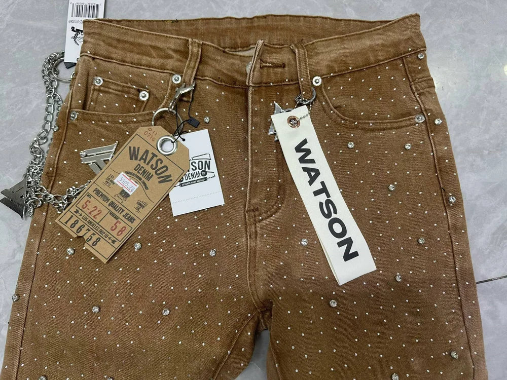 2026 Rhinestone Men's High Street quality Slim Fit Skinny long Denim Flared Jeans Pants