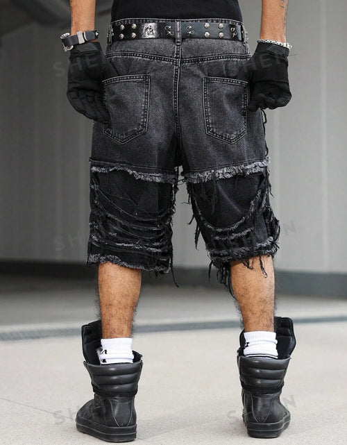 Load image into Gallery viewer, Men's Gothic Vintage Aesthetic Black Washed Ripped Denim Shorts, Summer Trendy Loose Raw Edge Fringed Five-Point Pants
