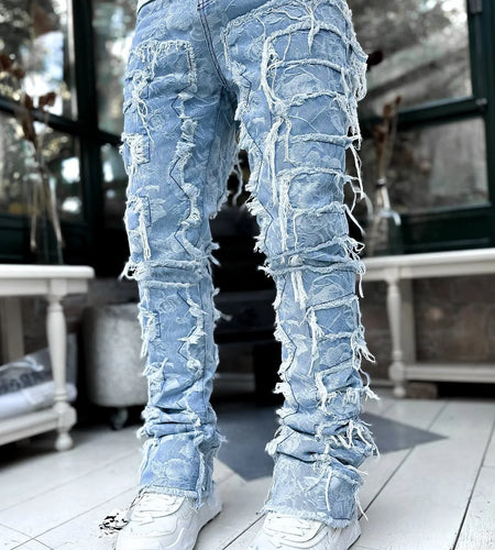 Men's Regular Fit Stacked Jeans Ripped Slim Fit Distressed Destroyed Straight Denim Pants Hip Hop Streetwear