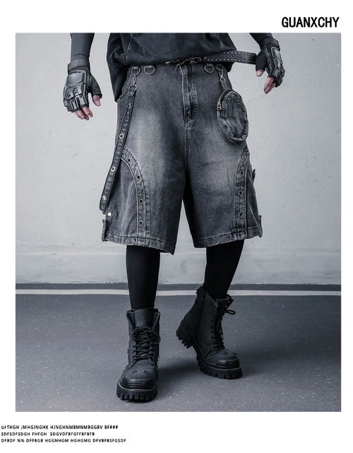 Load image into Gallery viewer, 2026 Summer Washed Vintage Punk Jean Shorts With Small Pouch Style Metal Eyelets Spliced Denim Shorts
