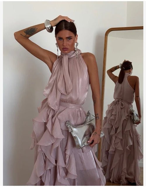 Load image into Gallery viewer, Women's Sleeveless Halter Neck Ruffle Maxi Dress Elegant Chiffon Tiered Waist Cinching Ankle-Length Solid Color Party Dress
